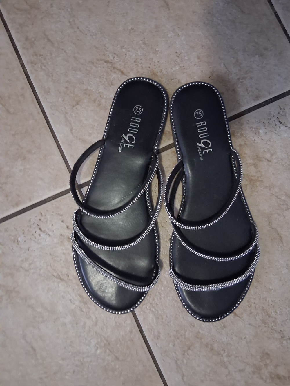 Rouge Helium Black Slide Sandals with Rhinestone Trim